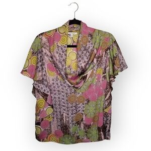 Y2K Funky Flowy Blouse Pink Green Brown Cowl Neck Flutter Sleeves Wmn's Sz L
